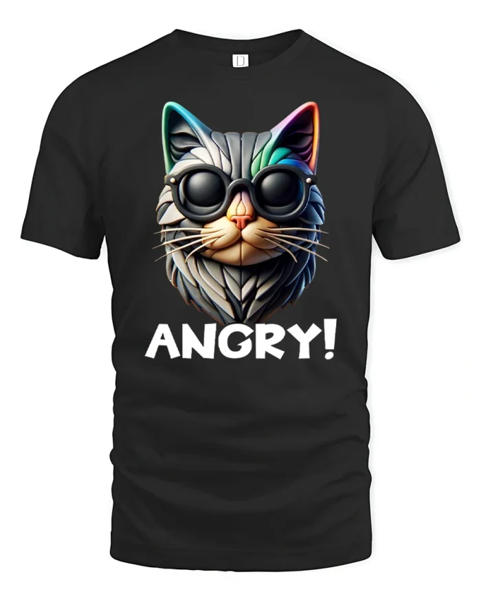 Angry Cat with Sunglasses Funny T-Shirt - black t-shirt on white background