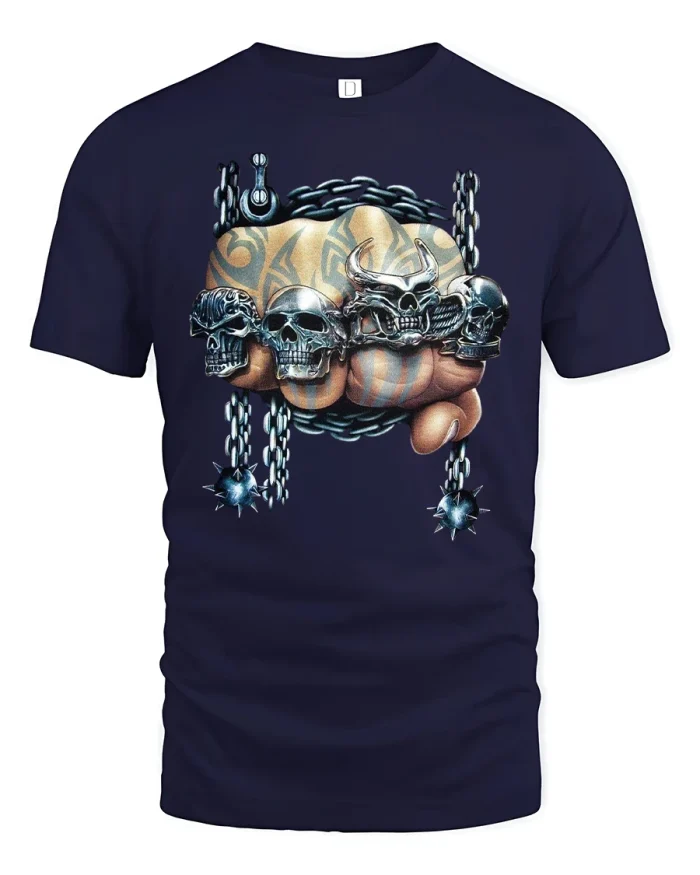 Skull Chain Fist Tattoo Gothic T-Shirt - navy t-shirt on white background