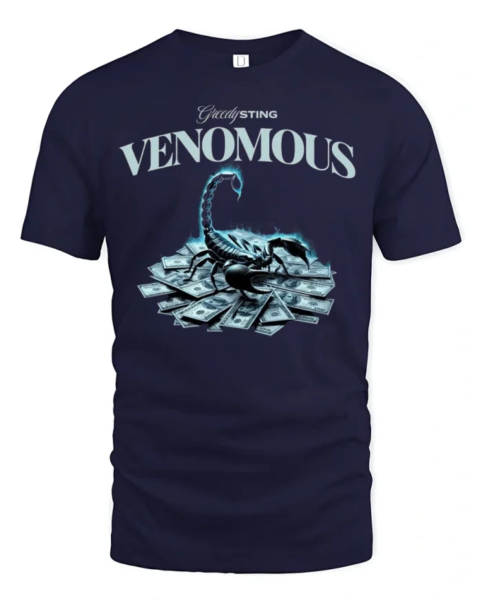 Venomous Scorpion Money Greedy Sting T-Shirt - navy t-shirt on white background