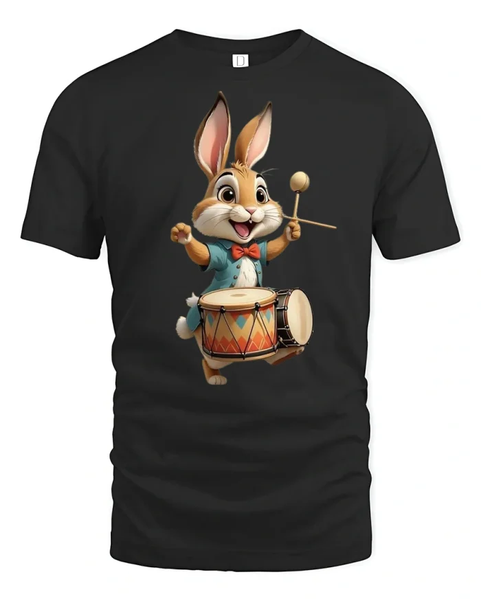 Happy Drumming Bunny Cartoon Tee - black t-shirt on white background