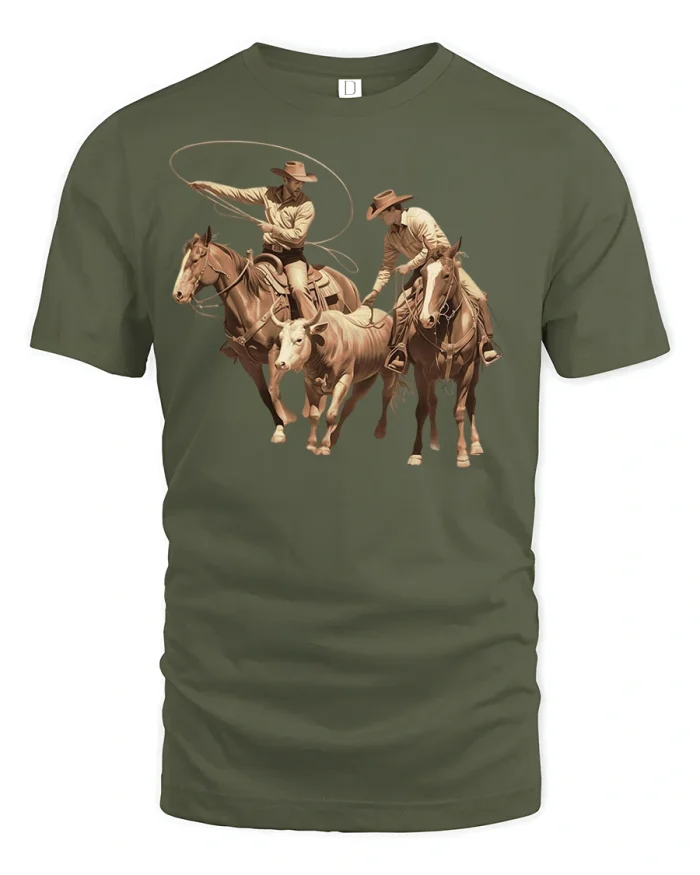 Rodeo Cowboy Roping Action Tee - military green t-shirt on white background