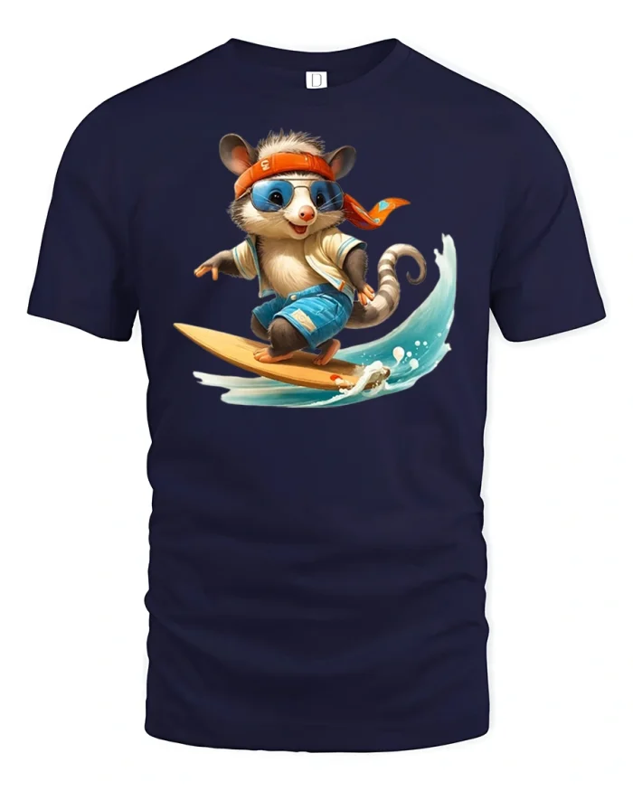 Surfing Cool Mouse Beach T-Shirt - navy t-shirt on white background