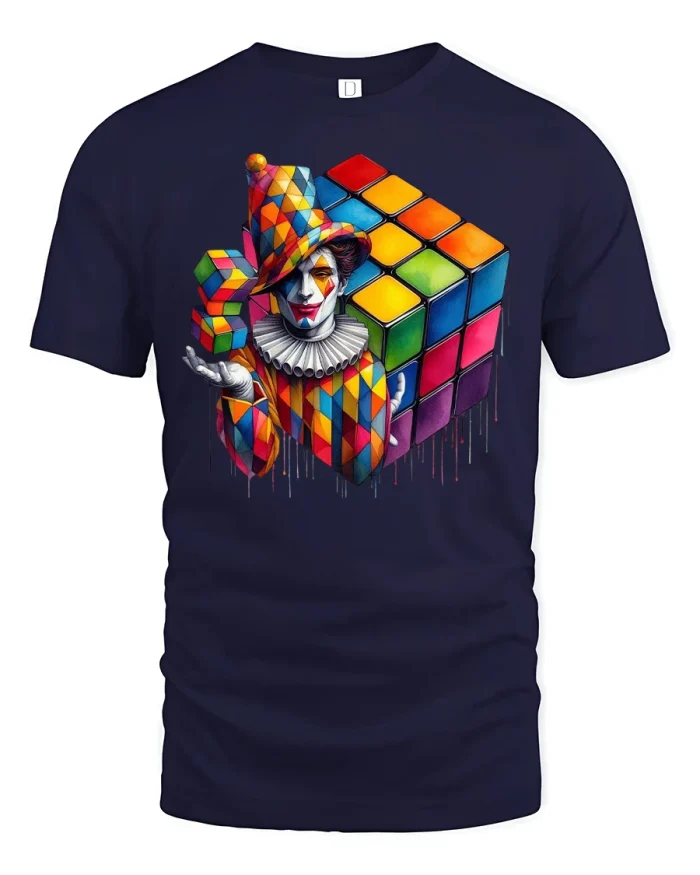 Colorful Cube Jester Funny T-Shirt - navy t-shirt on white background