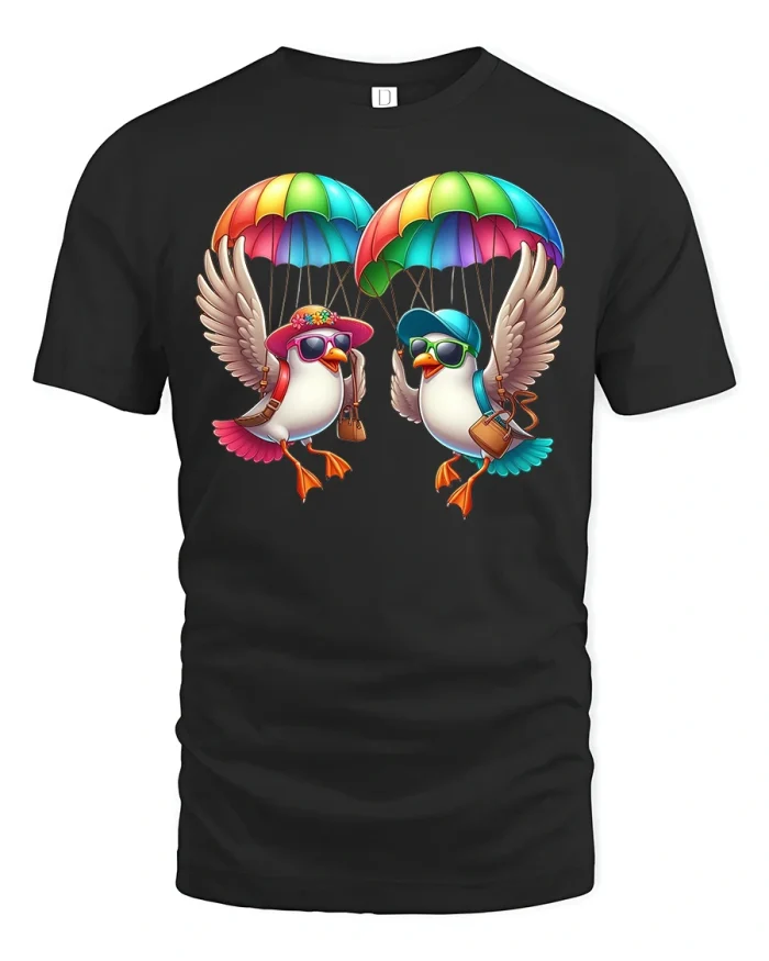 Funny Parachute Birds Adventure T-Shirt - black t-shirt on white background