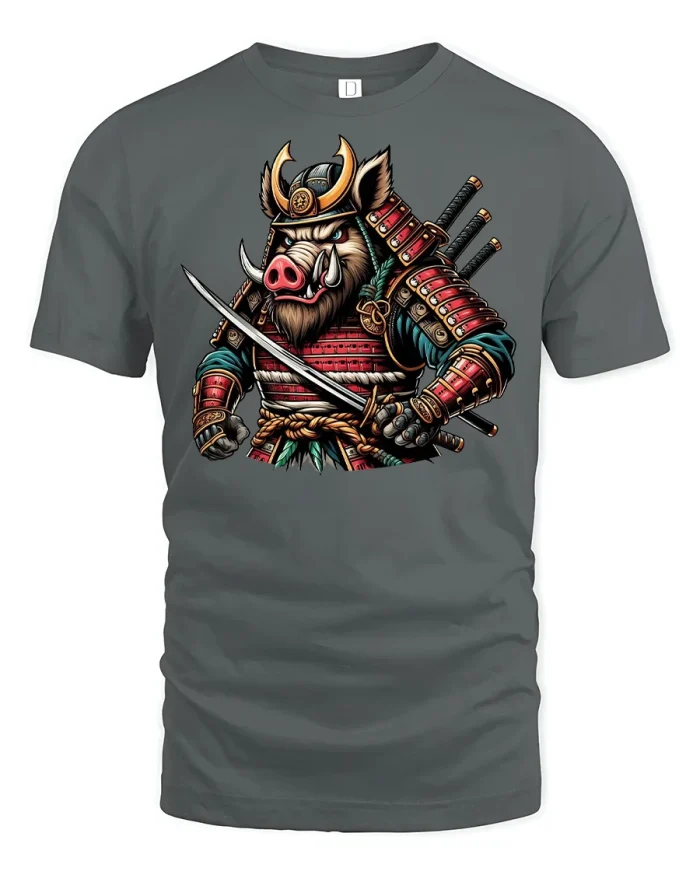 Samurai Boar Warrior T-Shirt - gray t-shirt on white background