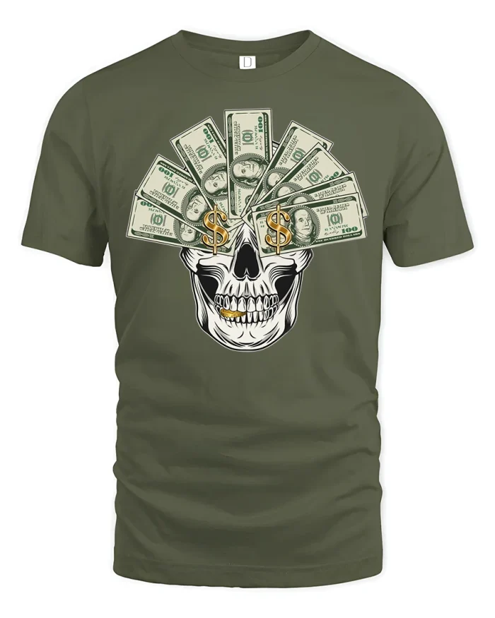 Skull Money Power Streetwear T-Shirt - military green t-shirt on white background