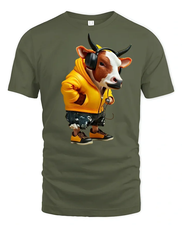 Hip Hop Cow Streetwear Graphic Tee - military green t-shirt on white background
