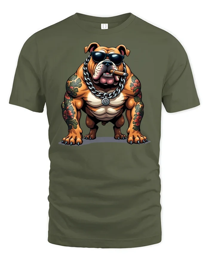 Tattoo Bulldog Cool Graphic Tee - military green t-shirt on white background