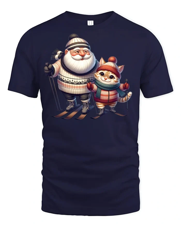 Santa and Cat Skiing Holiday T-Shirt - navy t-shirt on white background