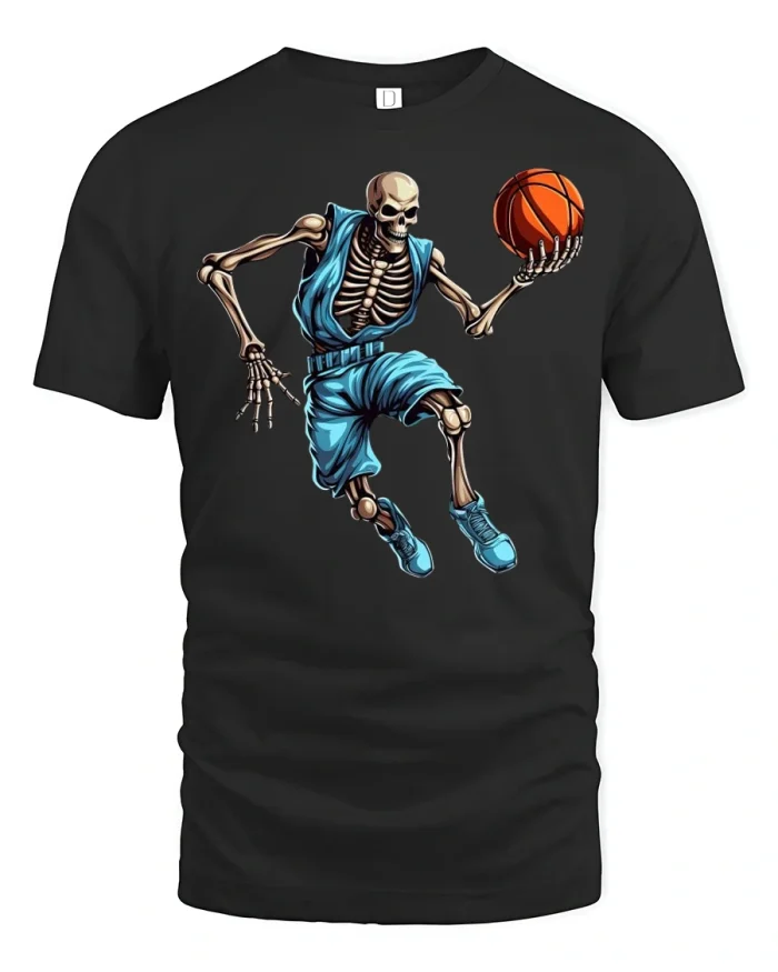 Slam Dunk Skeleton Basketball T-Shirt - black t-shirt on white background