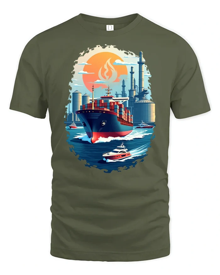Cargo Ship Ocean Sunset T-Shirt - military green t-shirt on white background