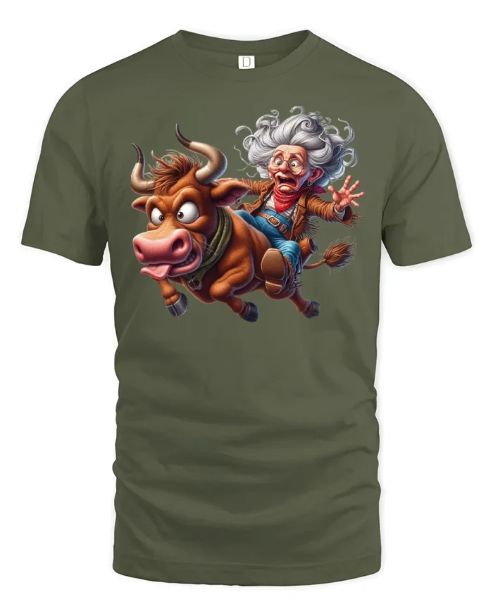 Wild Bull Rider Funny Tee - military green t-shirt on white background