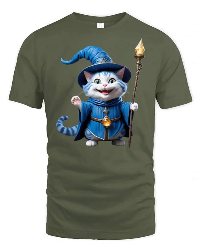 Wizard Cat Magic Spell T-Shirt - military green t-shirt on white background