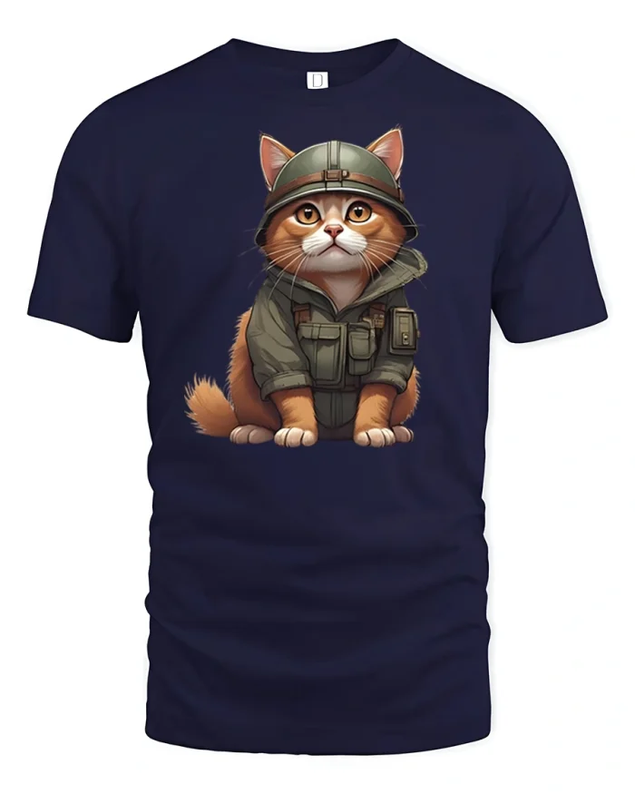 Soldier Cat Army Style T-Shirt - navy t-shirt on white background