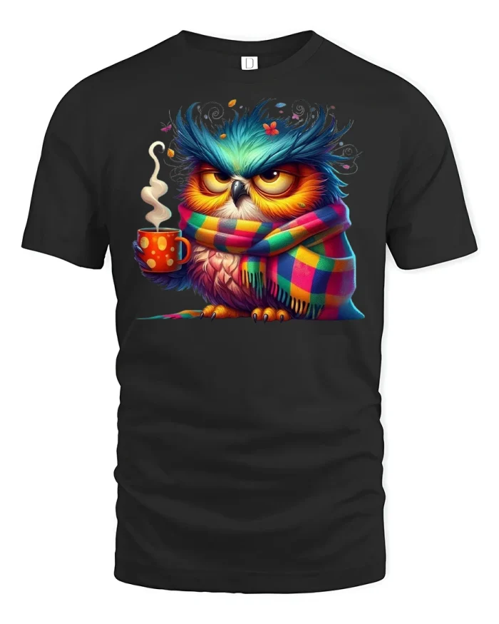 Grumpy Owl Coffee Lover T-Shirt - black t-shirt on white background