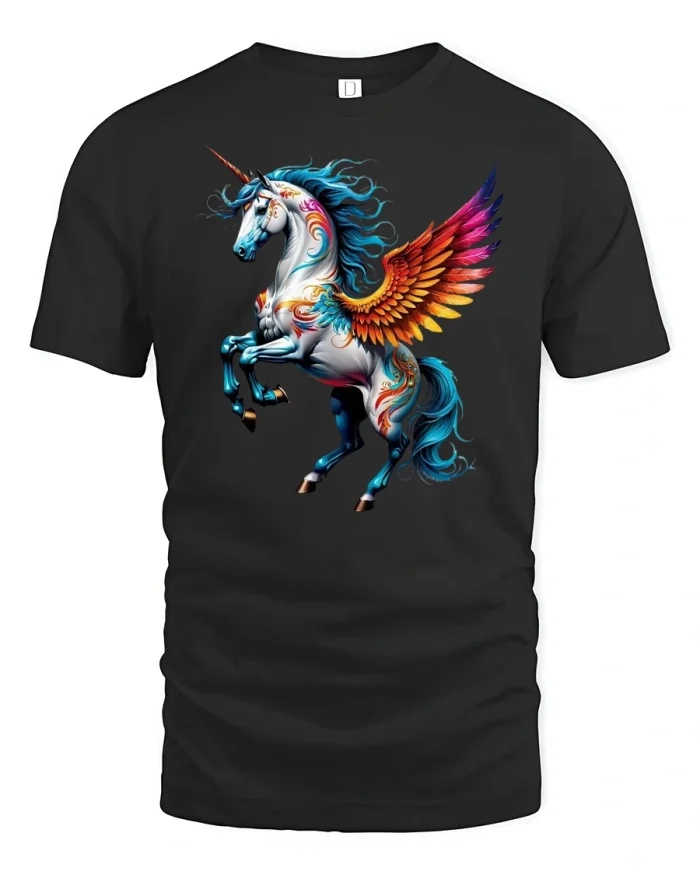 Majestic Rainbow Winged Unicorn T-Shirt - black t-shirt on white background