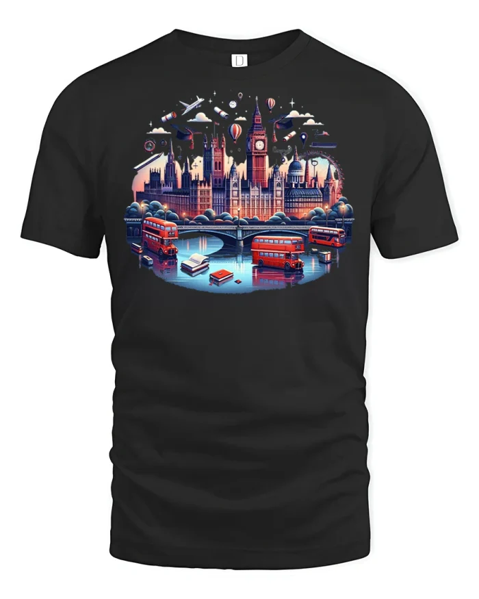 London Big Ben and Red Bus T-Shirt - black t-shirt on white background