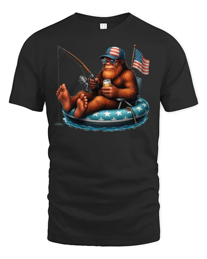 Patriotic Bigfoot Fishing Beer T-Shirt - black t-shirt on white background
