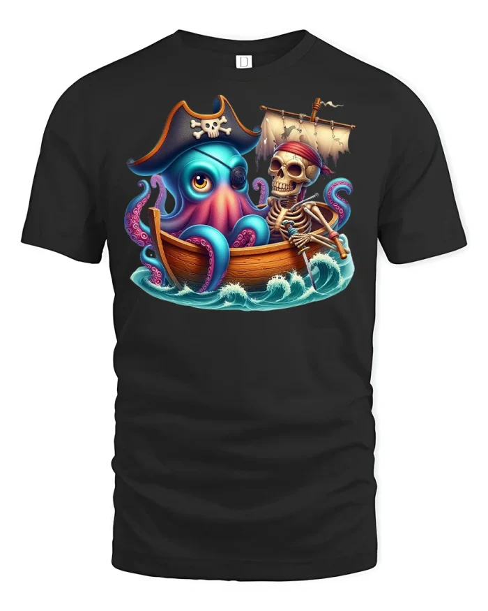 Pirate Octopus and Skeleton T-Shirt - black t-shirt on white background