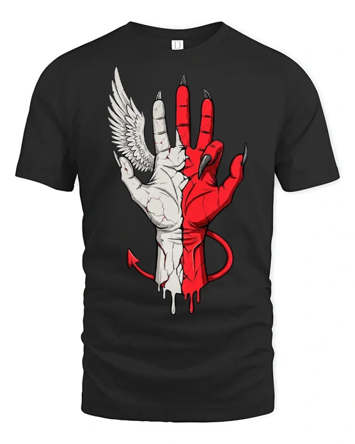 Angel and Devil Hands Split T-Shirt - black t-shirt on white background