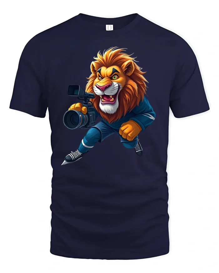 Lion Cameraman Action Shot T-Shirt - navy t-shirt on white background