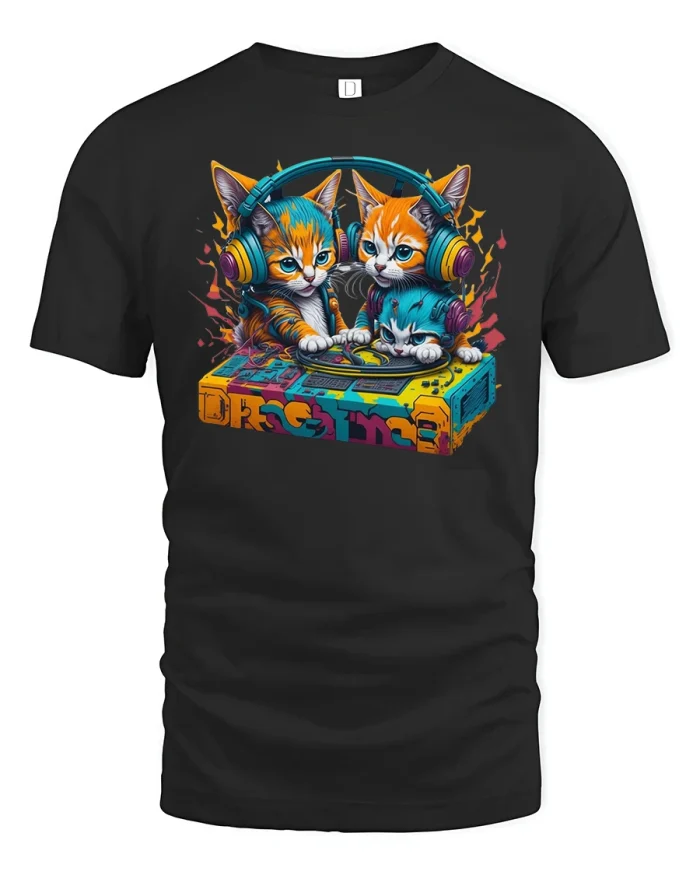 Funny DJ Cats Tee - black t-shirt on white background