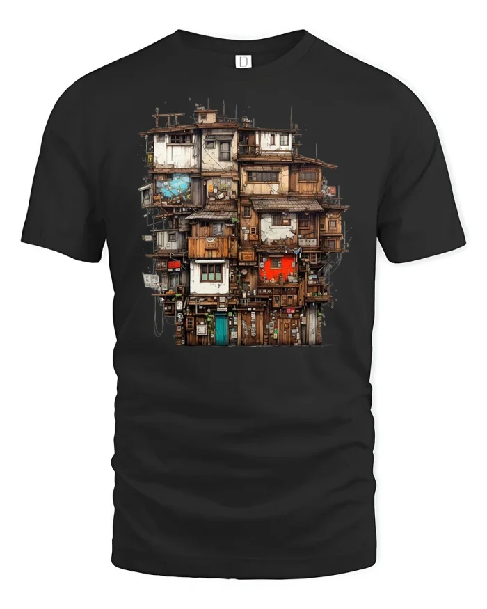 Urban Stacked Houses Cityscape T-Shirt - black t-shirt on white background