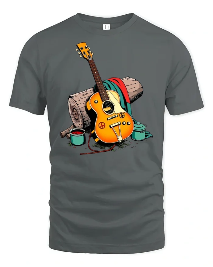 Campfire Guitar Peace Symbol T-Shirt - gray t-shirt on white background