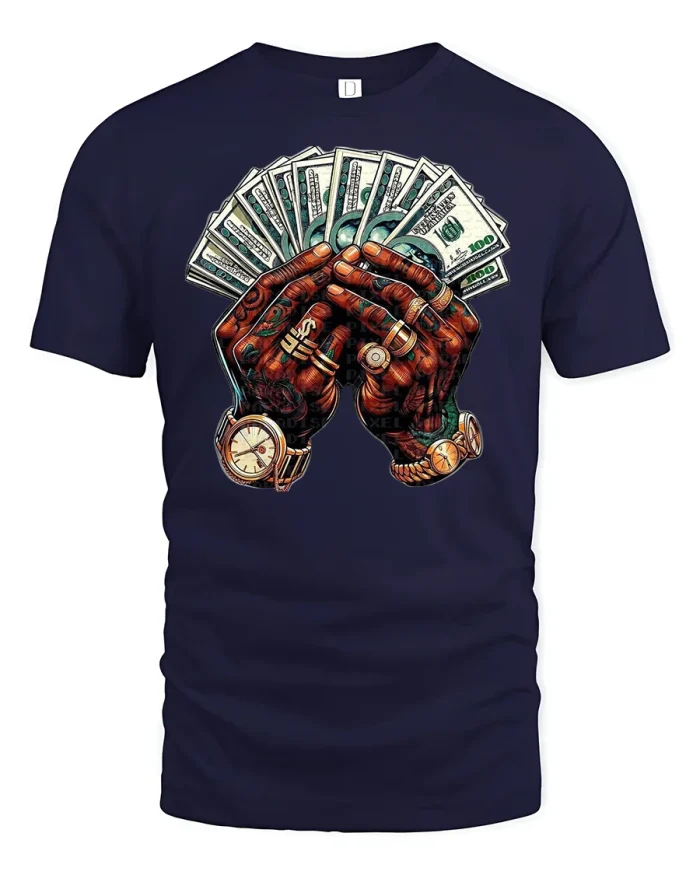 Cash Stack Bling Hands T-Shirt - navy t-shirt on white background