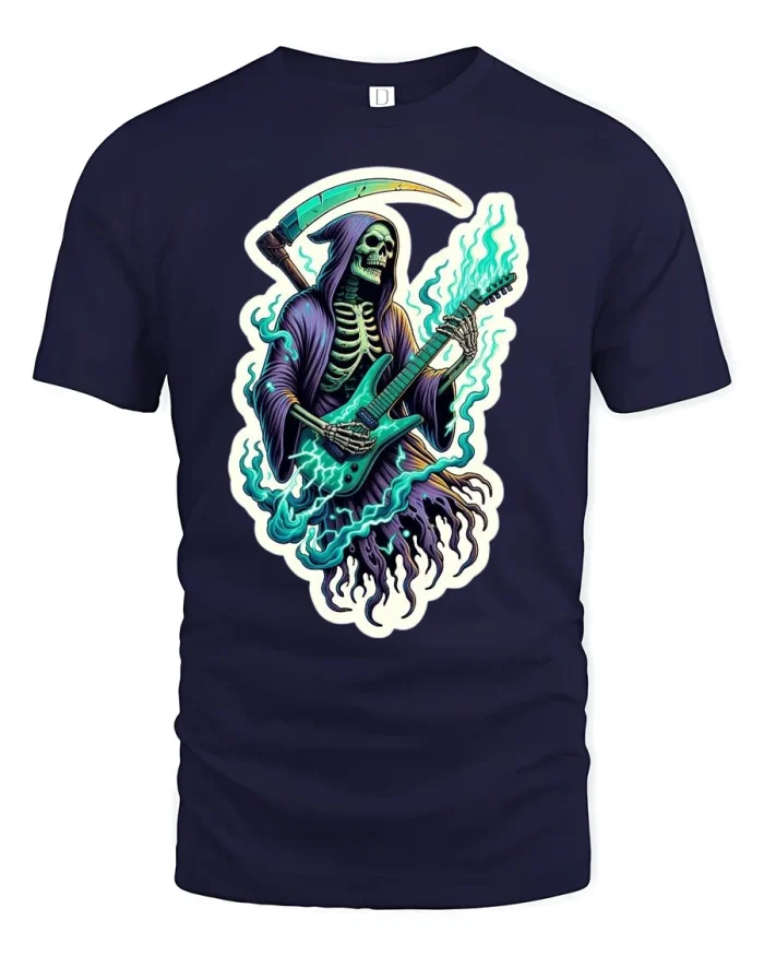 Grim Reaper Guitar Rock T-Shirt - navy t-shirt on white background