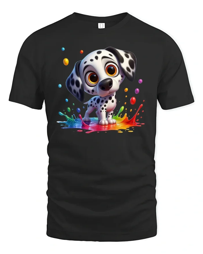 Cute Dalmatian Puppy T-Shirt Color Splash Design - black t-shirt on white background