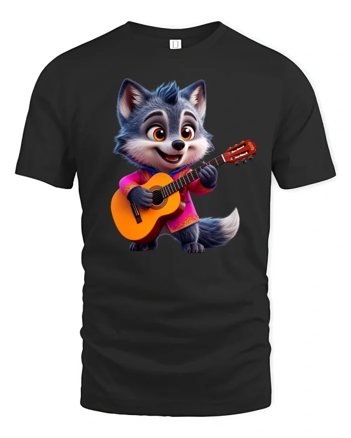 Cute Wolf Guitarist T-Shirt Funny Music Lover Design - black t-shirt on white background