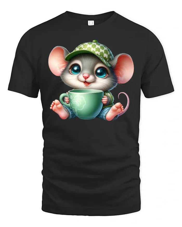 Cute Mouse with Coffee Cup T-Shirt Cozy Cartoon Art - black t-shirt on white background