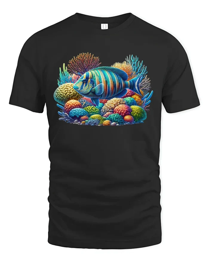 Colorful Coral Reef Fish T-Shirt Ocean Lover Design - black t-shirt on white background
