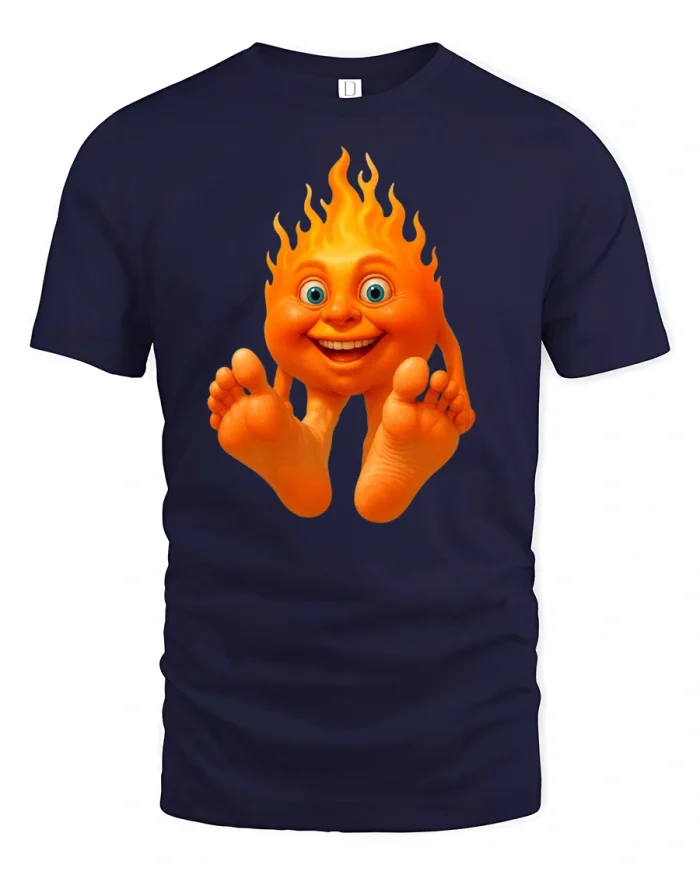 Funny Flame Face T-Shirt Hot Smiling Fire Character - navy t-shirt on white background