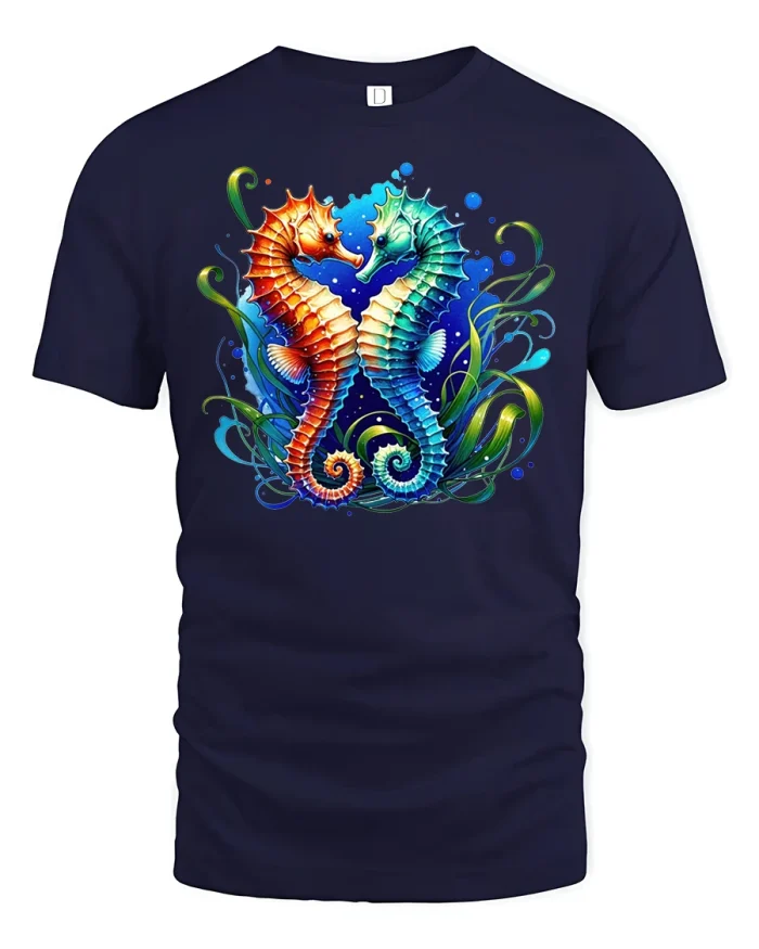 Colorful Seahorse Love T-Shirt Ocean Couple Design - navy t-shirt on white background