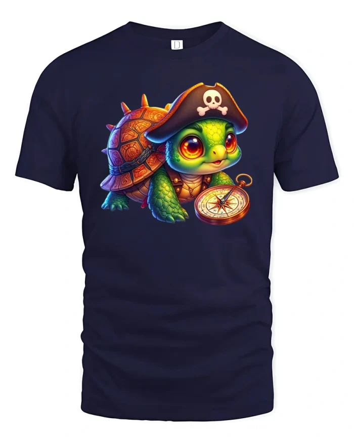 Cute Pirate Turtle With Compass Funny Adventure T-Shirt - navy t-shirt on white background