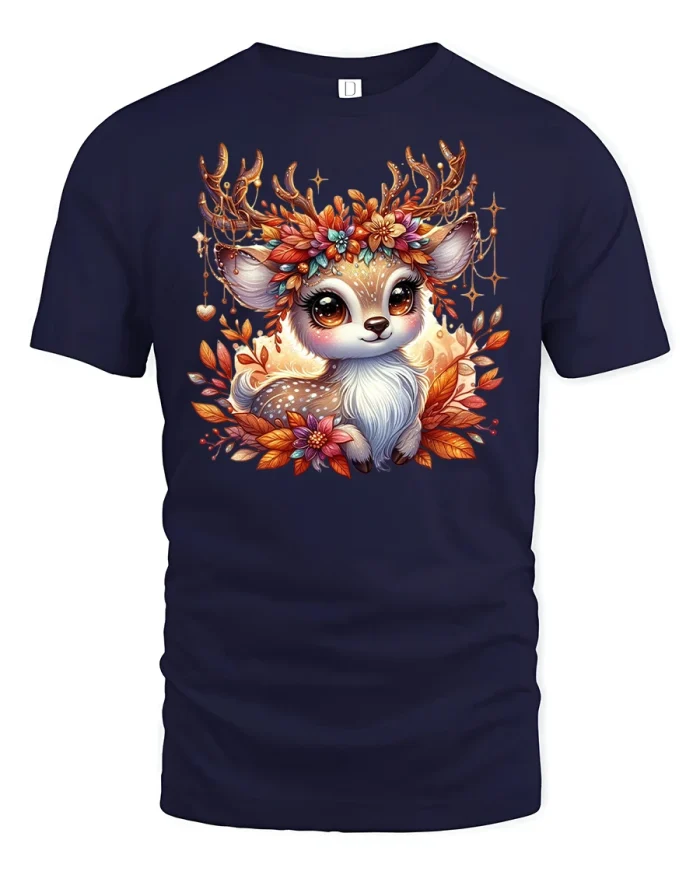 Cute Autumn Deer With Flowers Fall Season T-Shirt - navy t-shirt on white background