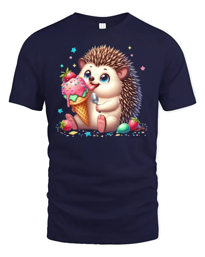 Cute Hedgehog Eating Ice Cream Funny Summer T-Shirt - navy t-shirt on white background