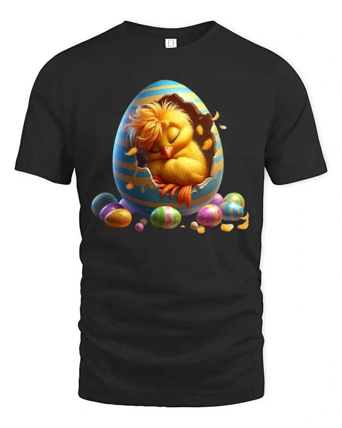 Cute Baby Chick Sleeping In Easter Egg Art T-Shirt - black t-shirt on white background