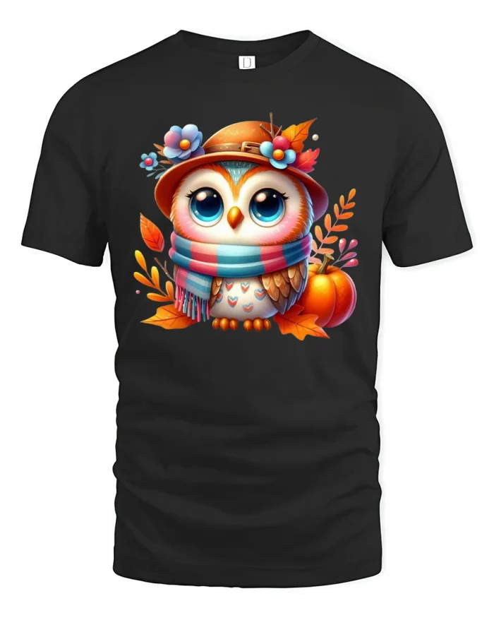 Cute Autumn Owl With Pumpkin Scarf Fall Art T-Shirt - black t-shirt on white background
