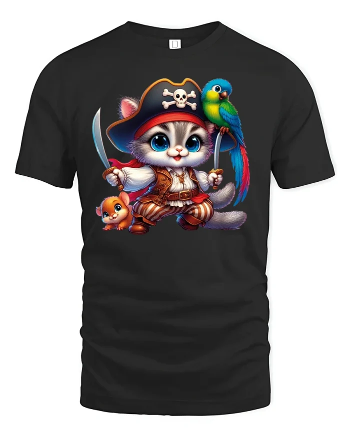Cute Pirate Cat With Parrot Funny Adventure T-Shirt - black t-shirt on white background