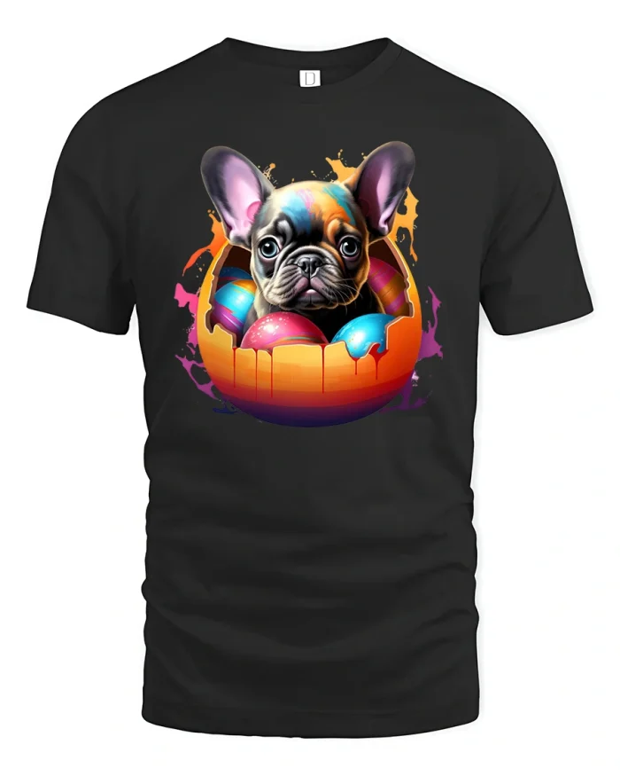 Cute French Bulldog In Egg Funny Puppy Art T-Shirt - black t-shirt on white background