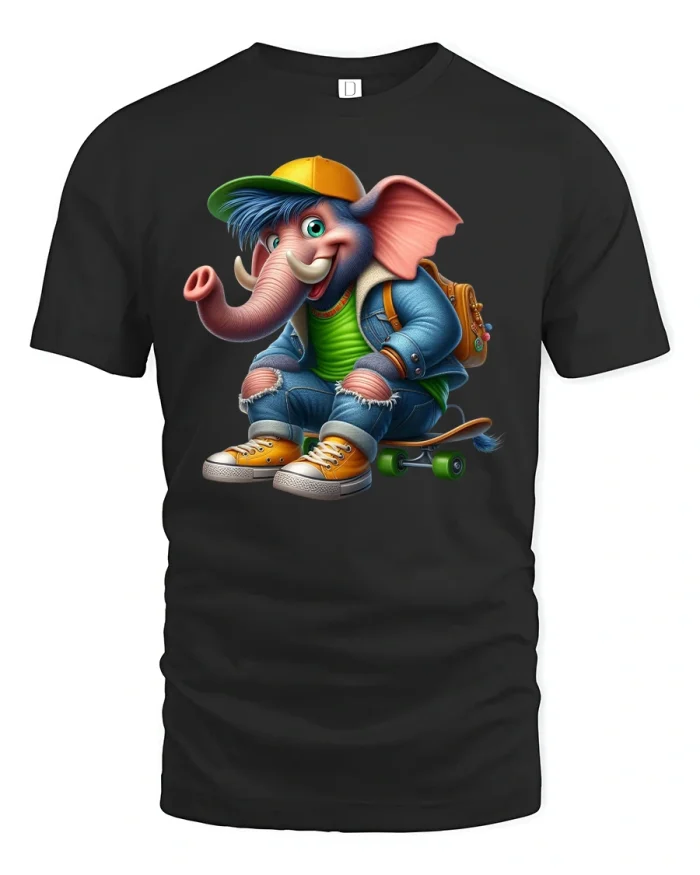 Cool Skateboard Elephant Funny Street Style T-Shirt - black t-shirt on white background
