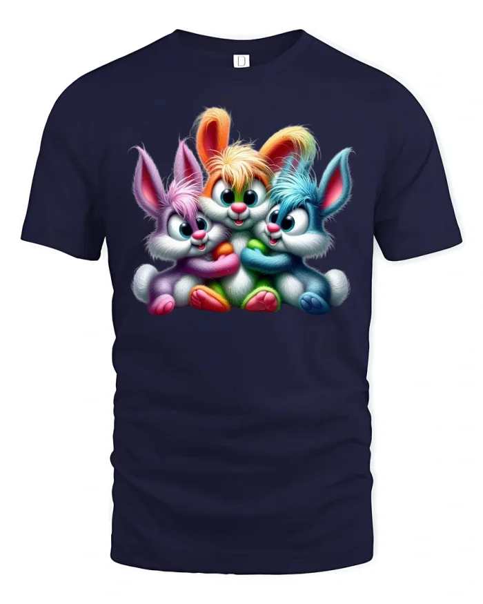 Cute Rainbow Bunny Trio Adorable Easter Art T-Shirt - navy t-shirt on white background