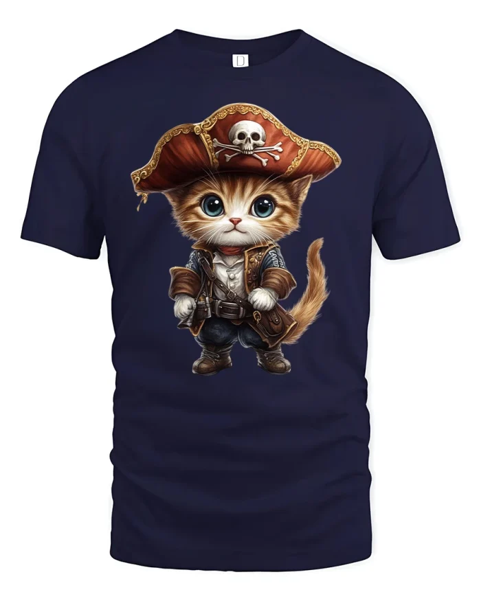 Cute Pirate Cat Funny Captain Adventure Graphic T-Shirt - navy t-shirt on white background