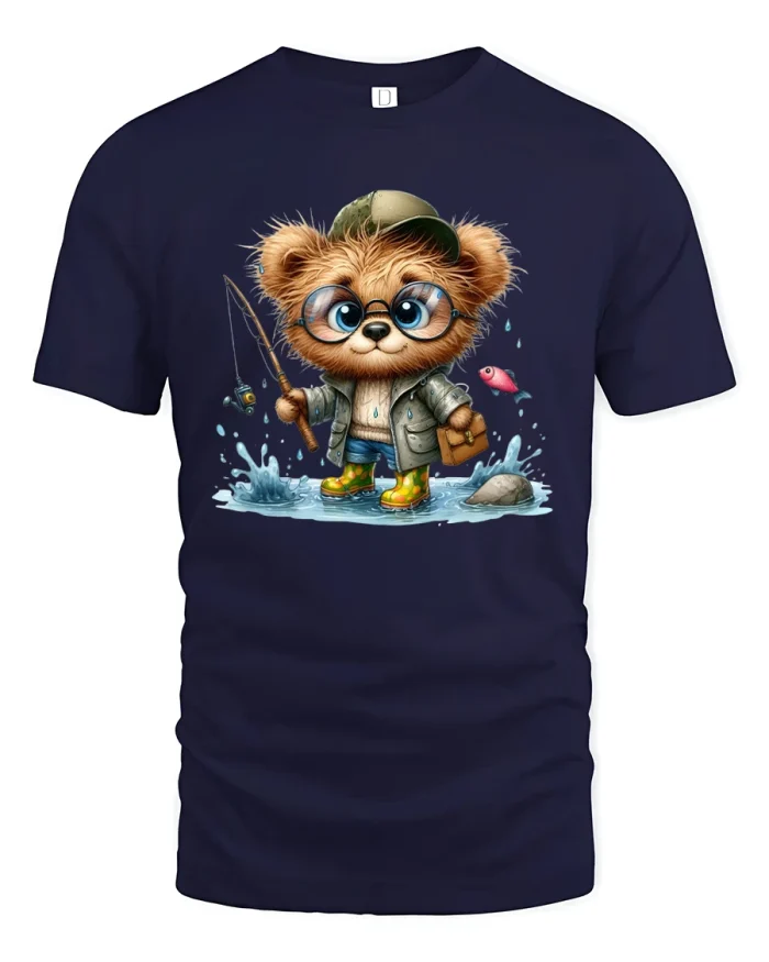 Funny Fisher Bear Cute Outdoor Adventure Graphic T-Shirt - navy t-shirt on white background