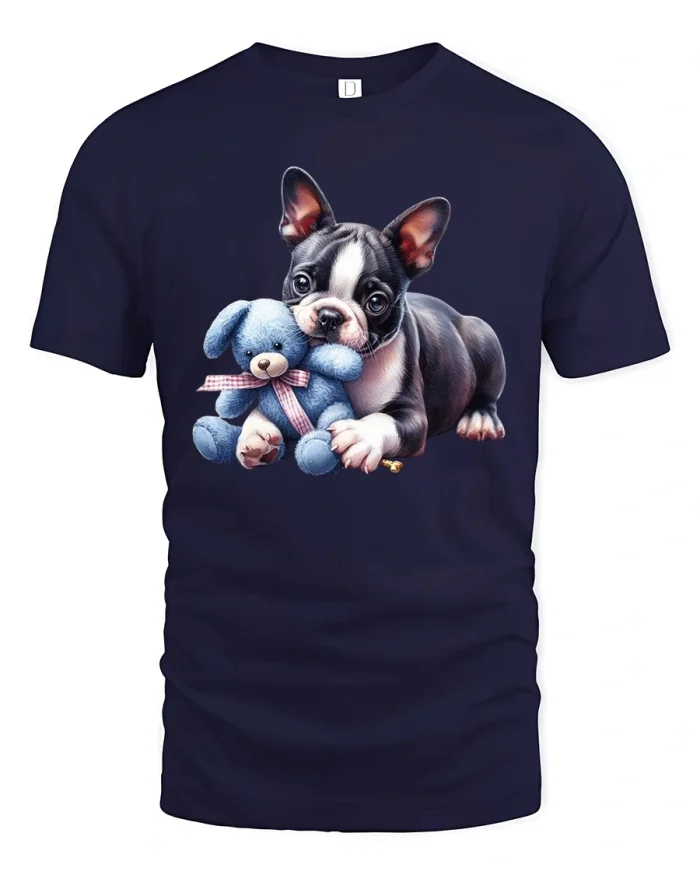 Cute Boston Terrier With Teddy Bear Graphic T-Shirt - navy t-shirt on white background