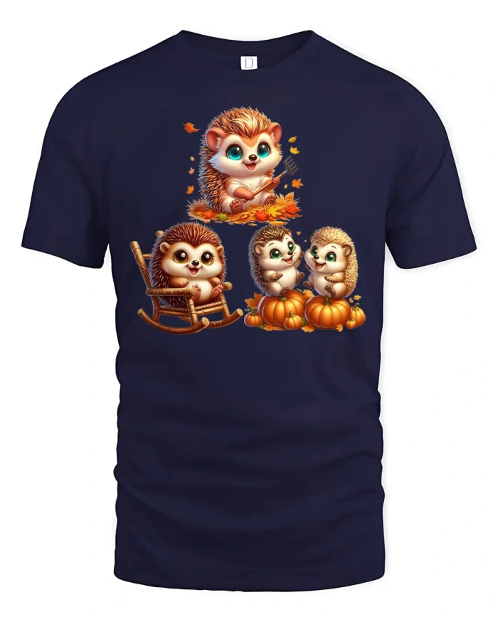 Cute Autumn Hedgehog Family With Pumpkins T-Shirt - navy t-shirt on white background