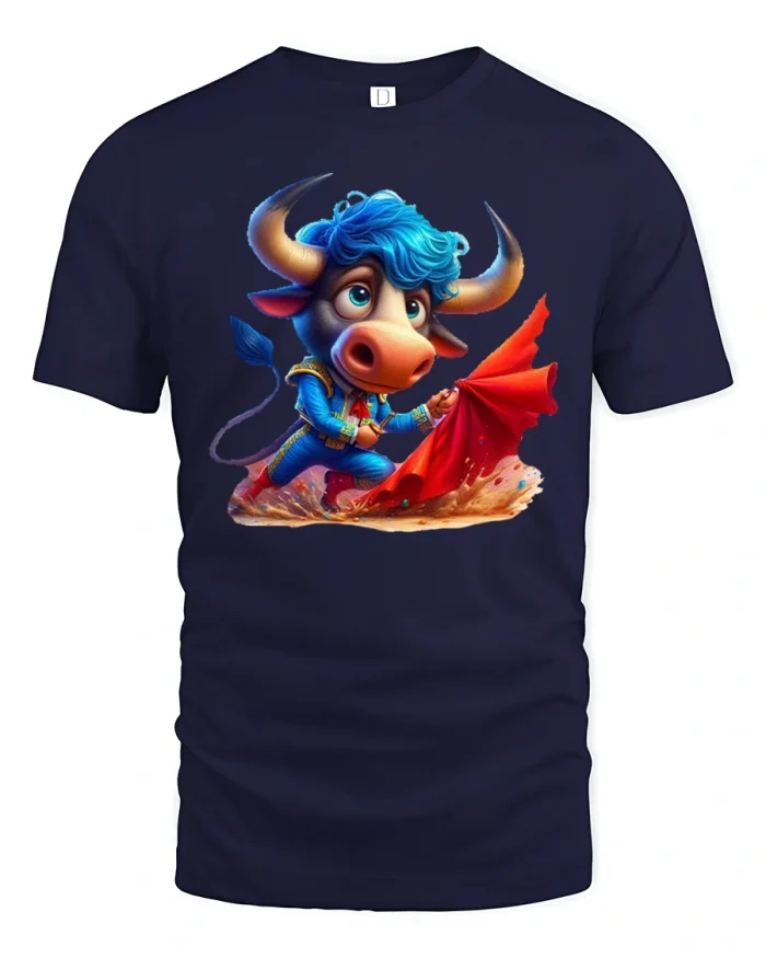 Funny Matador Bull With Blue Hair Cool Graphic Tee - navy t-shirt on white background